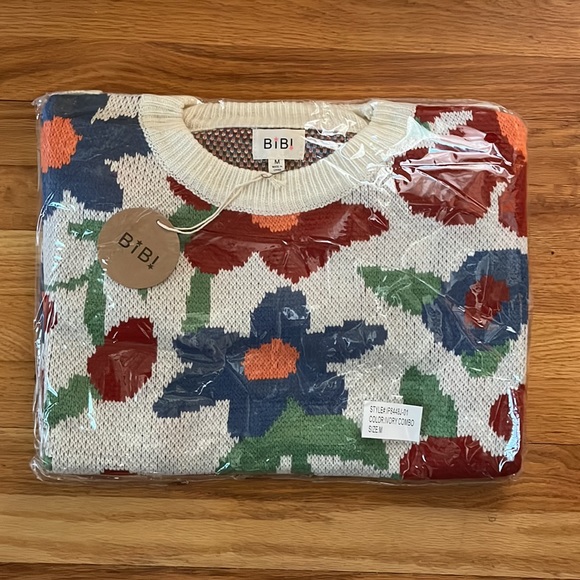 New Crew Neck Ivory Floral Knit Sweater with Red, Blue, Green, Orange Flowers - Picture 17 of 17